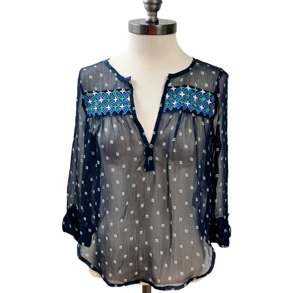 Hollister Womens Sheer Geometric Top Size XS V-Neck Embroidered Navy Retail $39